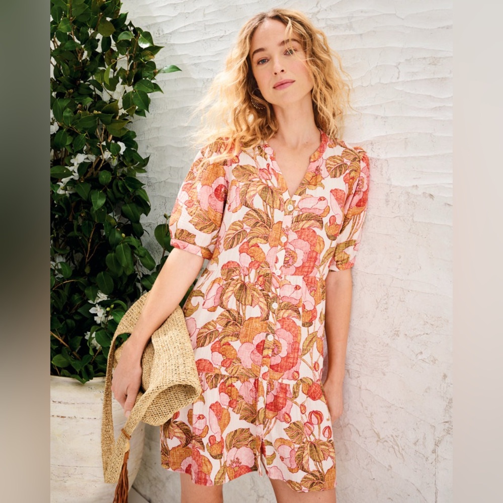 Garnett Hill Floral Print Organic-Cotton Tiered Shirtdress